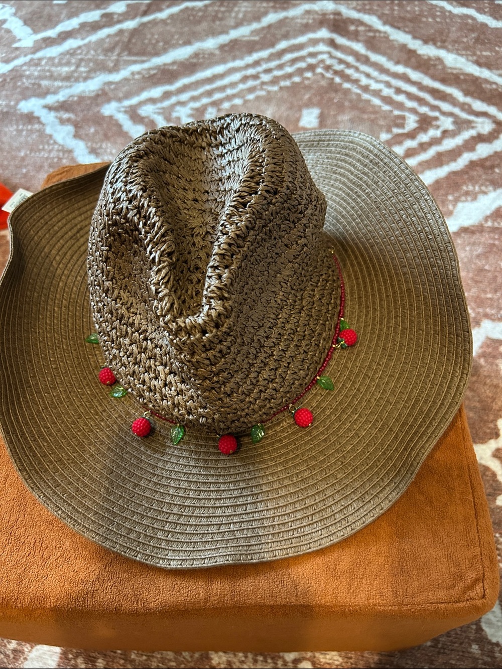 BCBGeneration Brown Straw Sun Hat with Red Bead & Green Leaf Trim